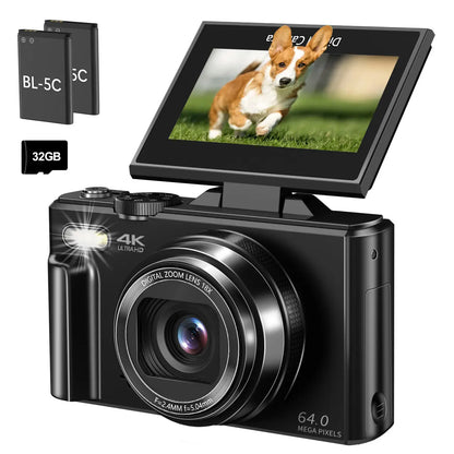 WIKICO 4K Digital Camera for Photography – 64MP Camera with 3″ 180° Flip Screen, 18X Digital Zoom, 32GB Micro SD Card & 2 Batteries, Ideal Gift for Creators