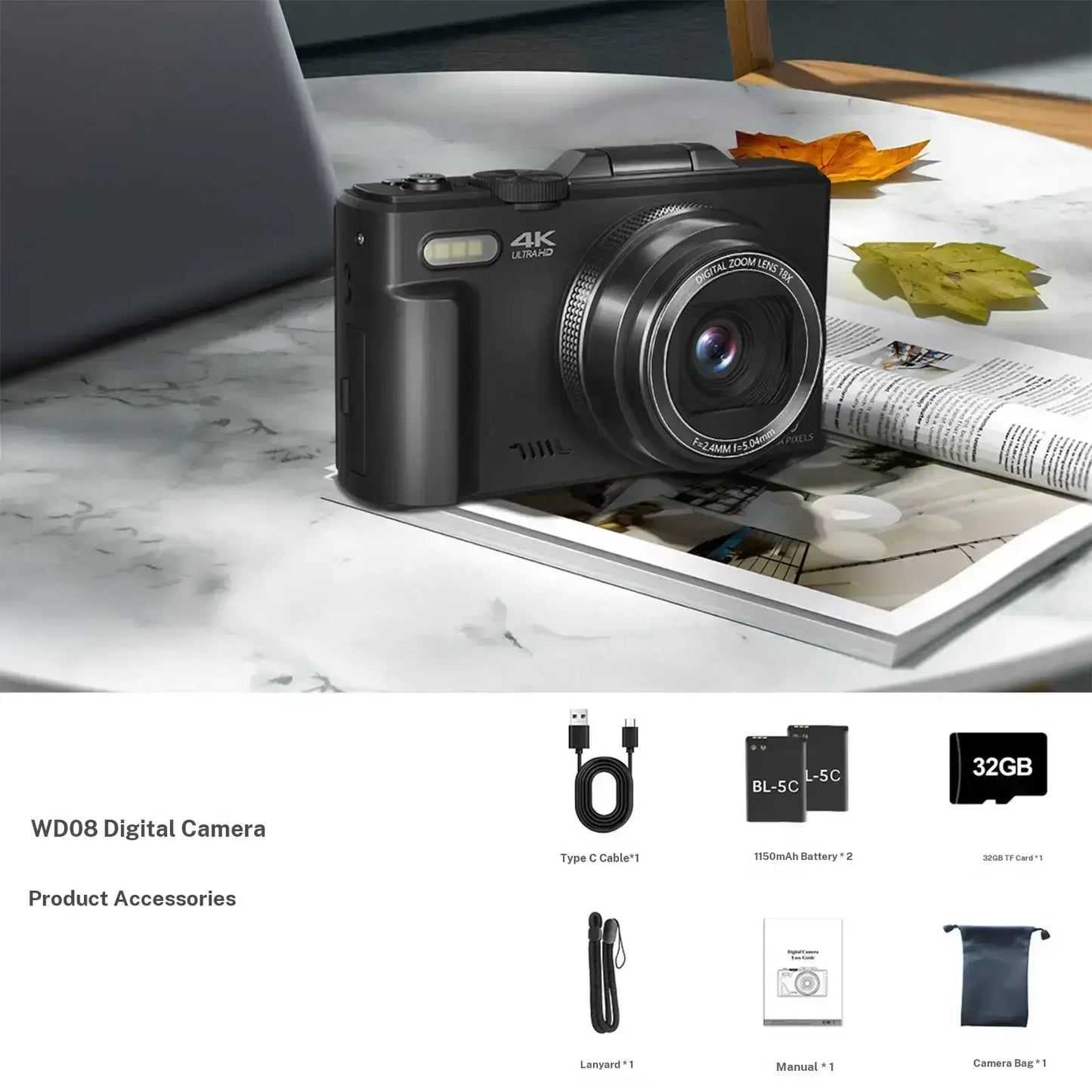 WIKICO 4K Digital Camera for Photography – 64MP Camera with 3″ 180° Flip Screen, 18X Digital Zoom, 32GB Micro SD Card & 2 Batteries, Ideal Gift for Creators