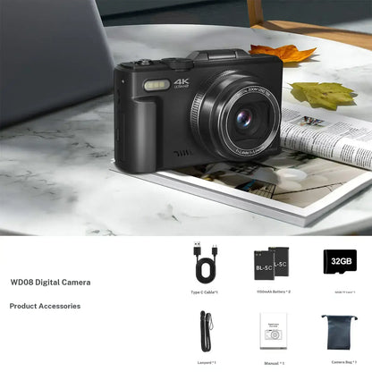 WIKICO 4K Digital Camera for Photography – 64MP Camera with 3″ 180° Flip Screen, 18X Digital Zoom, 32GB Micro SD Card & 2 Batteries, Ideal Gift for Creators