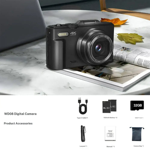 WIKICO 4K Digital Camera for Photography – 64MP Camera with 3″ 180° Flip Screen, 18X Digital Zoom, 32GB Micro SD Card & 2 Batteries, Ideal Gift for Creators