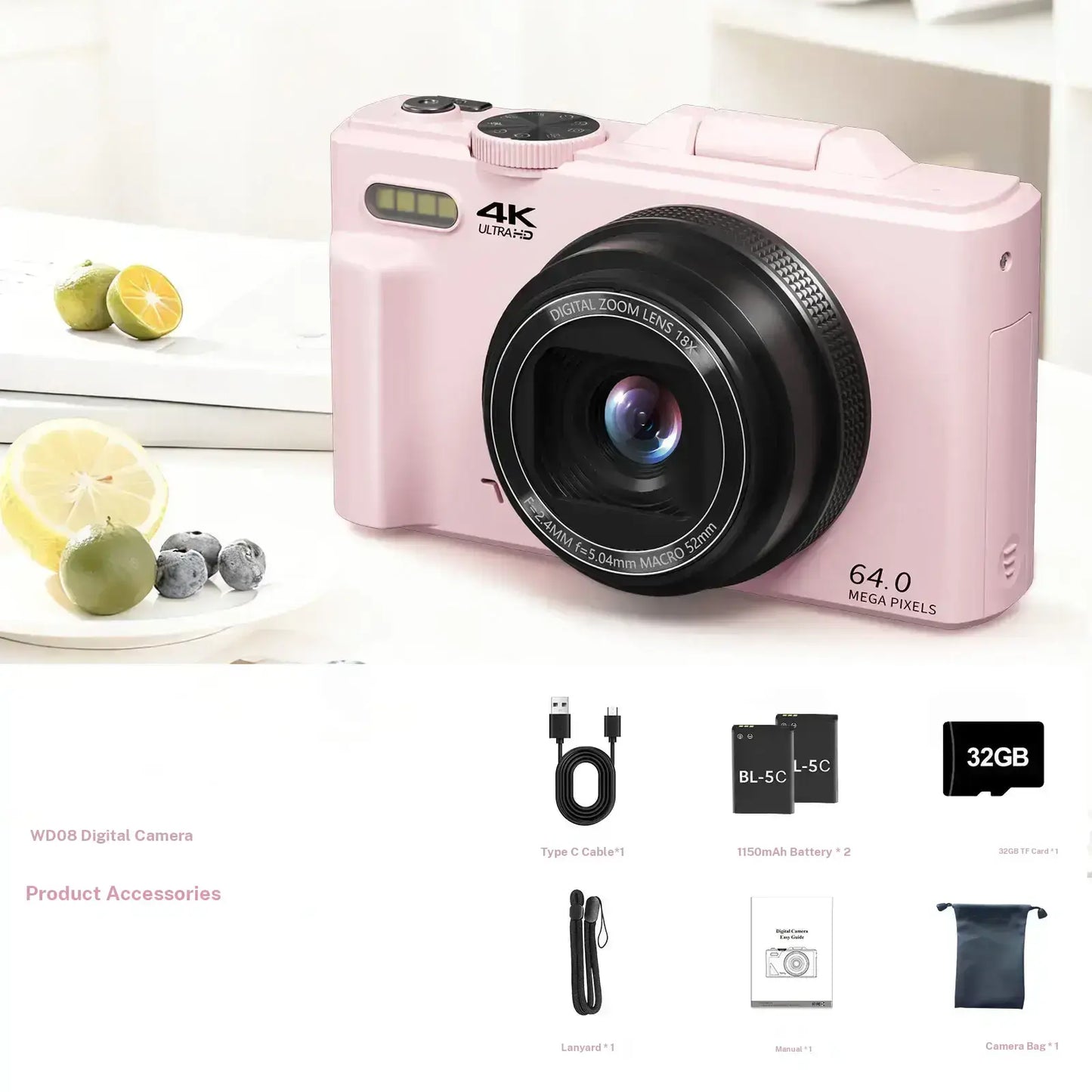 WIKICO 4K Digital Camera for Photography – 64MP Camera with 3″ 180° Flip Screen, 18X Digital Zoom, 32GB Micro SD Card & 2 Batteries, Ideal Gift for Creators