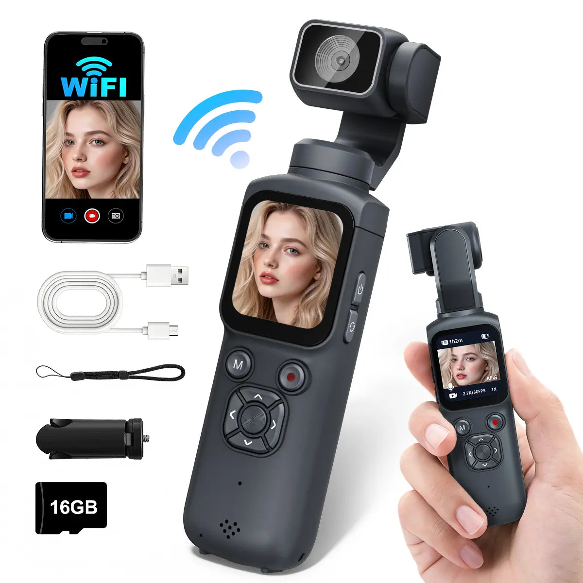 WIKICO 4K Pocket Camera – Portable Wi-Fi Vlogging Camcorder with Face Tracking, 16GB Memory Card and Tripod for Everyday Filming
