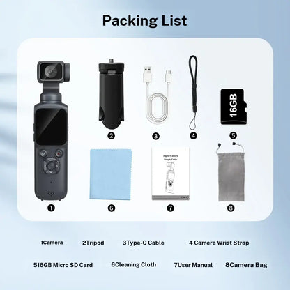 WIKICO 4K Pocket Camera – Portable Wi-Fi Vlogging Camcorder with Face Tracking, 16GB Memory Card and Tripod for Everyday Filming
