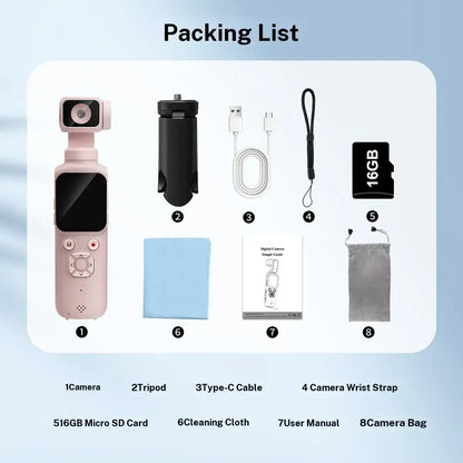 WIKICO 4K Pocket Camera – Portable Wi-Fi Vlogging Camcorder with Face Tracking, 16GB Memory Card and Tripod for Everyday Filming