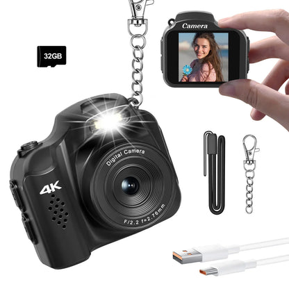 Retro Mini Keychain Camera – 4K 64MP Pocket Video Camera with LED Light and 32GB Card for Kids, Teens & New Photographers