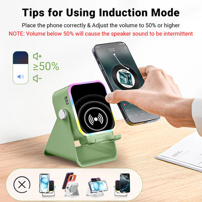 Adjustable Wireless Speaker Dock – 5-in-1 Mobile Stand with 3500mAh Rechargeable Power Bank, 360° Rotation & LED Ambient Lighting
