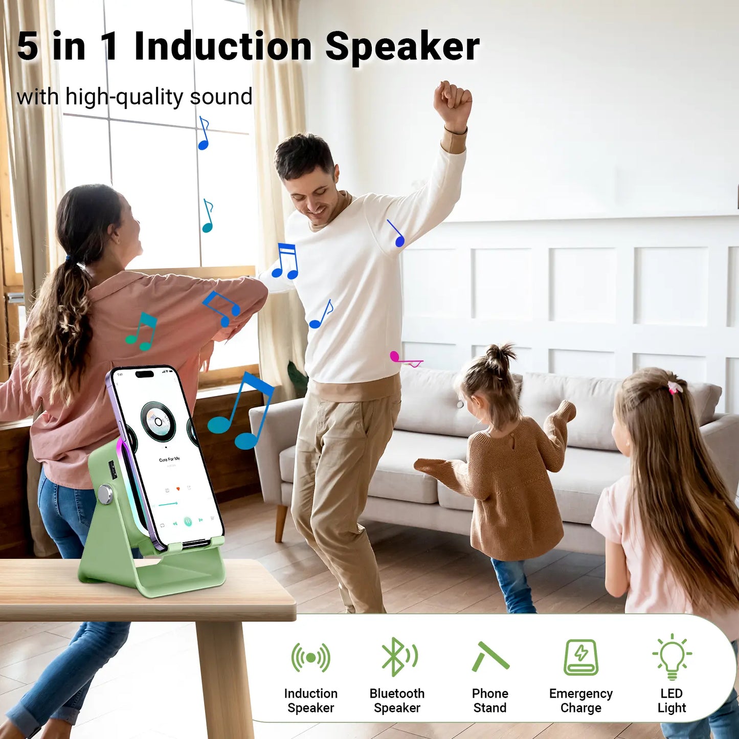 Adjustable Wireless Speaker Dock – 5-in-1 Mobile Stand with 3500mAh Rechargeable Power Bank, 360° Rotation & LED Ambient Lighting
