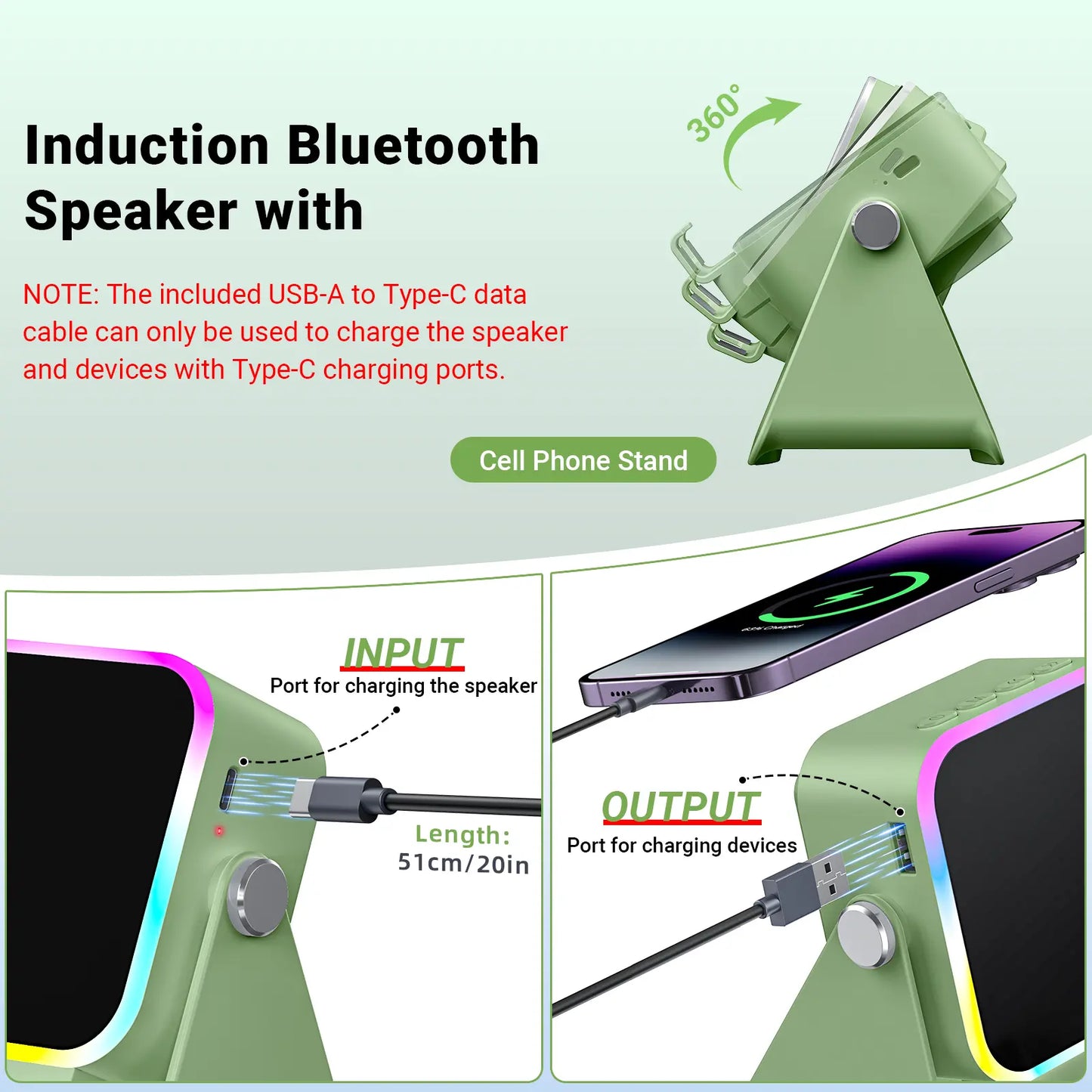 Adjustable Wireless Speaker Dock – 5-in-1 Mobile Stand with 3500mAh Rechargeable Power Bank, 360° Rotation & LED Ambient Lighting