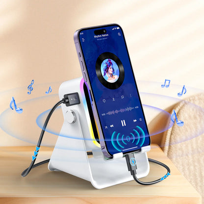 Adjustable Wireless Speaker Dock – 5-in-1 Mobile Stand with 3500mAh Rechargeable Power Bank, 360° Rotation & LED Ambient Lighting