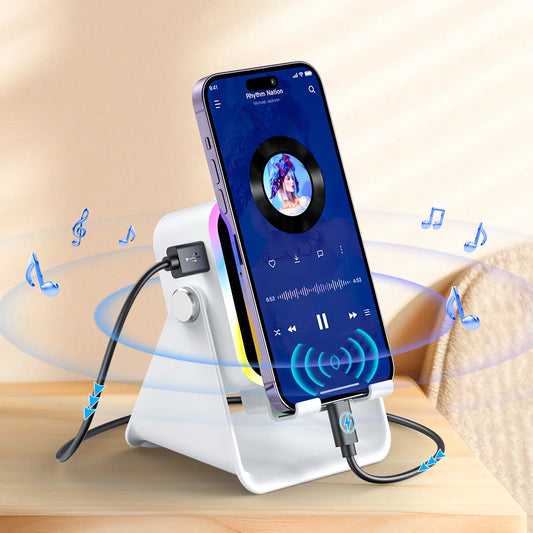 Adjustable Wireless Speaker Dock – 5-in-1 Mobile Stand with 3500mAh Rechargeable Power Bank, 360° Rotation & LED Ambient Lighting