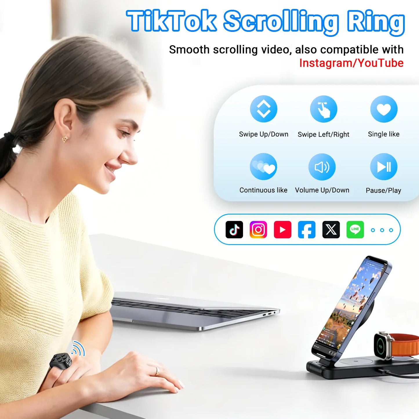Bluetooth TikTok Scrolling Ring – Wireless Page Turner, Camera Shutter Remote for iPhone, Android, Kindle App & Video Recording