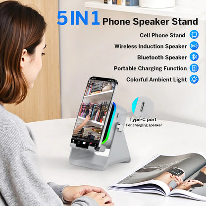 5-in-1 Bluetooth Speaker Phone Stand – 3500mAh Emergency Power Bank, 360° Adjustable Holder with 8 RGB Ambient Lighting Modes