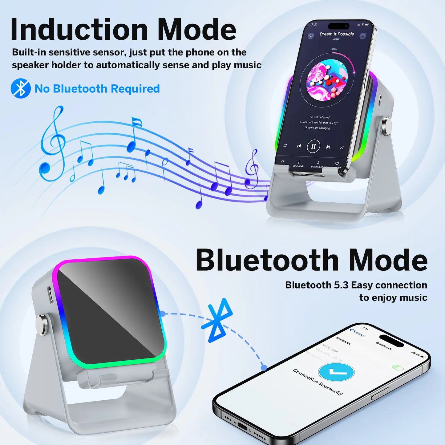 5-in-1 Bluetooth Speaker Phone Stand – 3500mAh Emergency Power Bank, 360° Adjustable Holder with 8 RGB Ambient Lighting Modes
