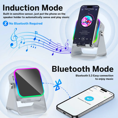 5-in-1 Bluetooth Speaker Phone Stand – 3500mAh Emergency Power Bank, 360° Adjustable Holder with 8 RGB Ambient Lighting Modes