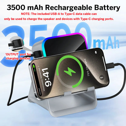5-in-1 Bluetooth Speaker Phone Stand – 3500mAh Emergency Power Bank, 360° Adjustable Holder with 8 RGB Ambient Lighting Modes