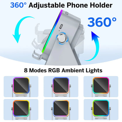5-in-1 Bluetooth Speaker Phone Stand – 3500mAh Emergency Power Bank, 360° Adjustable Holder with 8 RGB Ambient Lighting Modes