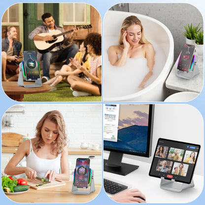 5-in-1 Bluetooth Speaker Phone Stand – 3500mAh Emergency Power Bank, 360° Adjustable Holder with 8 RGB Ambient Lighting Modes