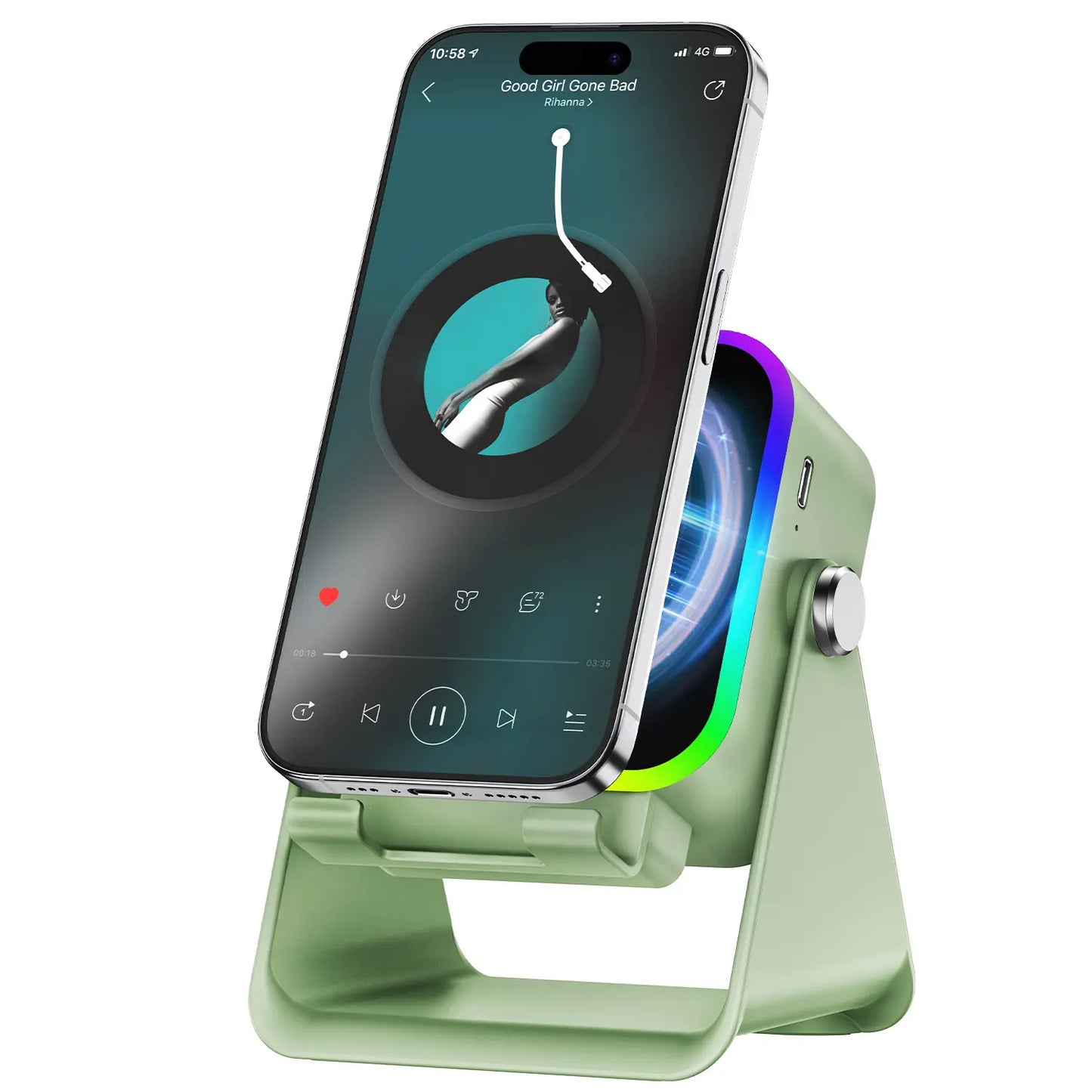 5-in-1 Bluetooth Speaker Phone Stand – 3500mAh Emergency Power Bank, 360° Adjustable Holder with 8 RGB Ambient Lighting Modes