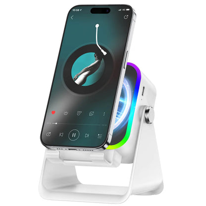 5-in-1 Bluetooth Speaker Phone Stand – 3500mAh Emergency Power Bank, 360° Adjustable Holder with 8 RGB Ambient Lighting Modes