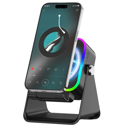 5-in-1 Bluetooth Speaker Phone Stand – 3500mAh Emergency Power Bank, 360° Adjustable Holder with 8 RGB Ambient Lighting Modes
