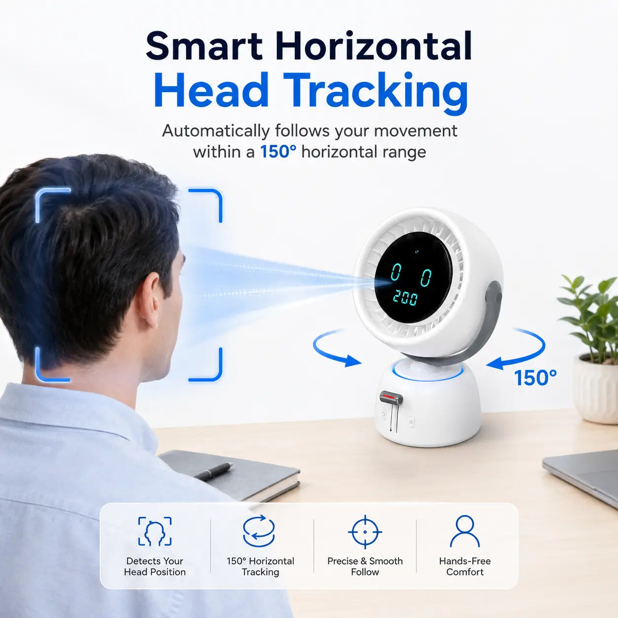 Rechargeable Smart Tracking Fan – 150° Auto-Follow Desk Fan with 200 Adjustable Speeds, LED Display & Ambient Light for Home and Office
