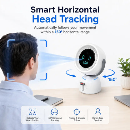Rechargeable Smart Tracking Fan – 150° Auto-Follow Desk Fan with 200 Adjustable Speeds, LED Display & Ambient Light for Home and Office