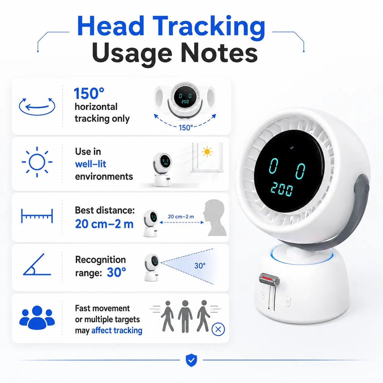 Rechargeable Smart Tracking Fan – 150° Auto-Follow Desk Fan with 200 Adjustable Speeds, LED Display & Ambient Light for Home and Office