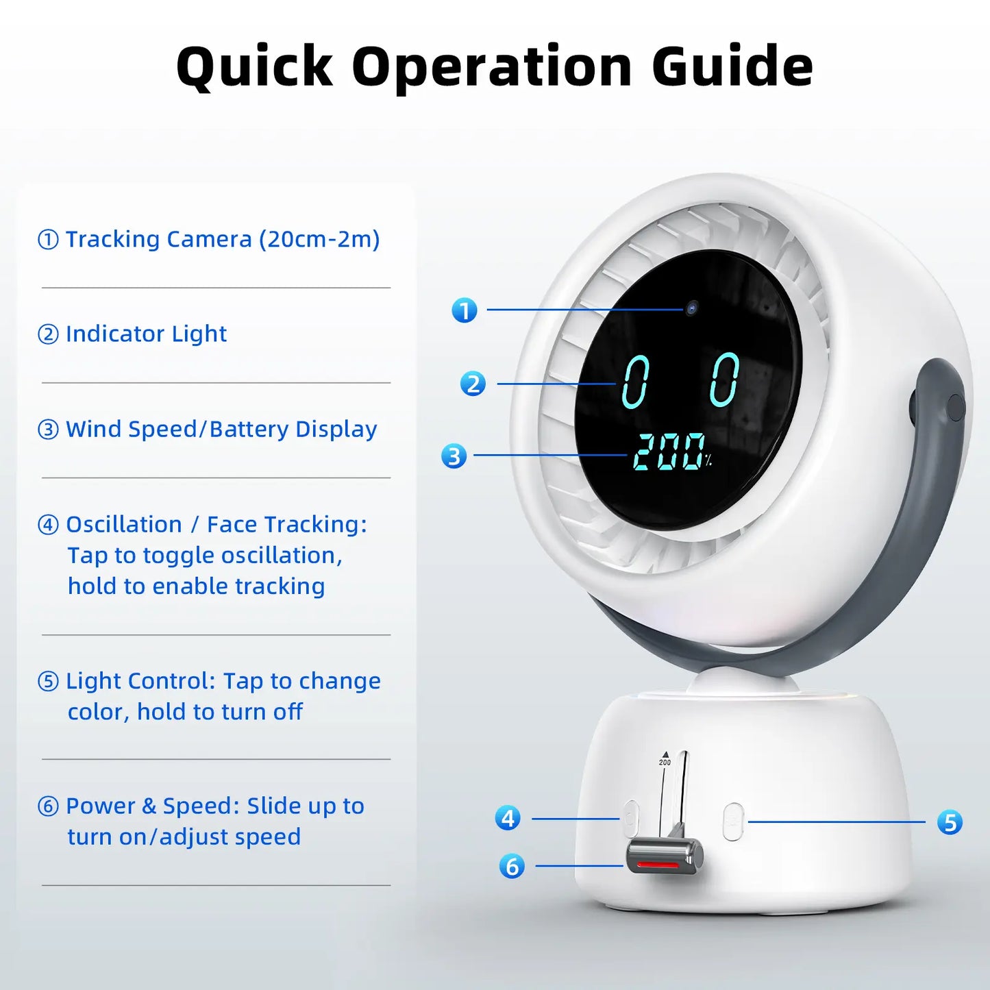 Rechargeable Smart Tracking Fan – 150° Auto-Follow Desk Fan with 200 Adjustable Speeds, LED Display & Ambient Light for Home and Office