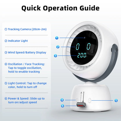 Rechargeable Smart Tracking Fan – 150° Auto-Follow Desk Fan with 200 Adjustable Speeds, LED Display & Ambient Light for Home and Office