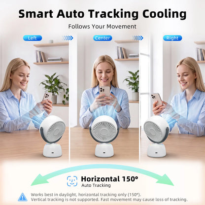Rechargeable Smart Tracking Fan – 150° Auto-Follow Desk Fan with 200 Adjustable Speeds, LED Display & Ambient Light for Home and Office